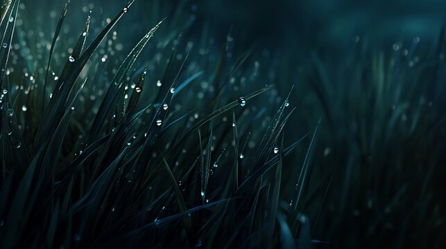 Macro Shot of Dewdrops on Lush Green Grass at Night with Dreamy Bokeh and Soft Light