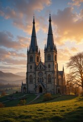Iglesia medieval con imponentes chapiteles, enclavada en un tranquilo campo al amanecer
