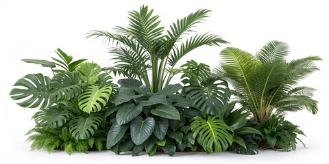 Green leaves of tropical plants bush (Monstera, palm, rubber plant, pine, bird’s nest fern) floral arrangement indoors garden nature backdrop isolated on white background thailand, clipping path