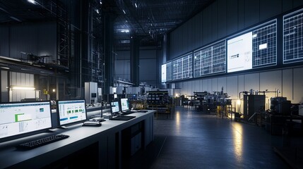 Obraz premium Advanced Clean Energy Facility with Engineers Analyzing Solar and Wind Metrics on Digital Interfaces