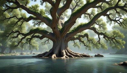 A large tree with extensive branches growing in a river