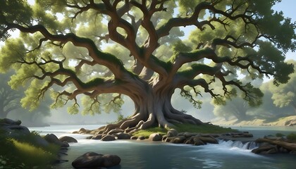 Naklejka premium A majestic ancient tree stands beside a flowing river water body