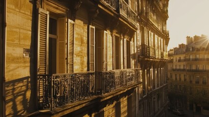 Obraz premium Parisian apartment building at sunset, sun rays illuminating facade, balconies, shutters.