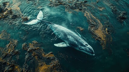 Fototapeta premium Whale Swimming in the Ocean Surrounded by Seaweed (Threat: Ocean Pollution)