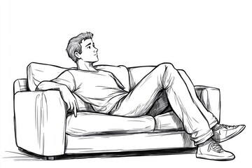 Monochrome Illustration of a Man Relaxing on Sofa: Modern Home Interior and Lifestyle Art