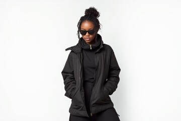 Obraz premium Half-Length (Waist-Up) portrait of young stylish smiling Cabo Verdean female model in cyberpunk wear isolated on pure white background looking at camera