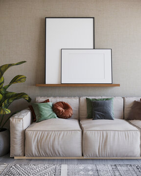 Mockup para dos cuadros traslapados sobre una repisa en pared, en un sala acogedora, 3d render