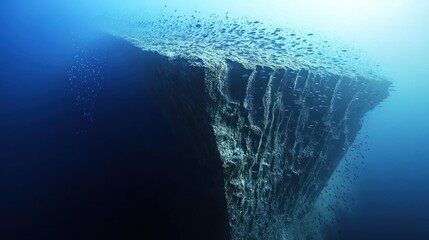 Underwater cliff, fish school, deep ocean, sunlight, marine life, screensaver