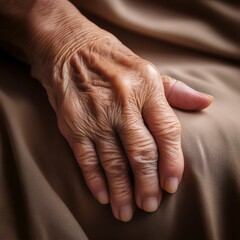 Fototapeta premium A poignant close-up of an elderly person's hand, with visible wrinkles, veins, and age spots, showcasing the passage of time and the beauty of aging. 