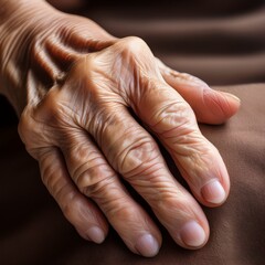 Fototapeta premium A poignant close-up of an elderly person's hand, with visible wrinkles, veins, and age spots, showcasing the passage of time and the beauty of aging. 