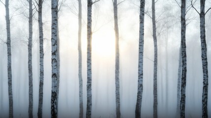 Obraz premium Misty Birch Forest Sunrise Peaceful nature scene for calming backgrounds