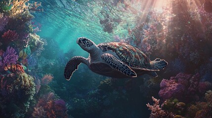 Fototapeta premium Endangered Hawksbill Sea Turtle Swimming Through Vibrant Coral Reef with Sunlight Beams and Photorealistic Detail