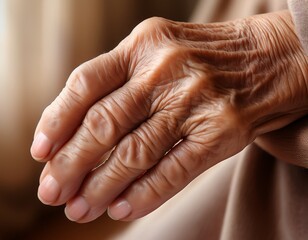 Fototapeta premium A poignant close-up of an elderly person's hand, with visible wrinkles, veins, and age spots, showcasing the passage of time and the beauty of aging. 