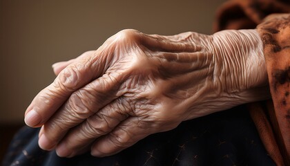 Fototapeta premium A poignant close-up of an elderly person's hand, with visible wrinkles, veins, and age spots, showcasing the passage of time and the beauty of aging. 