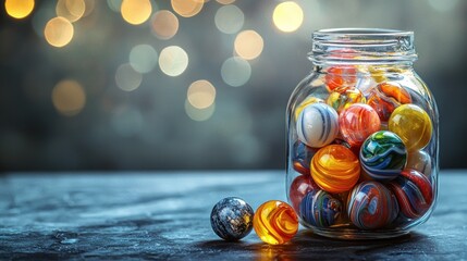 Colorful marbles in glass jar on table.