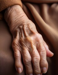 Fototapeta premium A poignant close-up of an elderly person's hand, with visible wrinkles, veins, and age spots, showcasing the passage of time and the beauty of aging. 