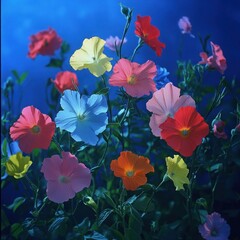 Vibrant colorful flowers blooming night garden backdrop