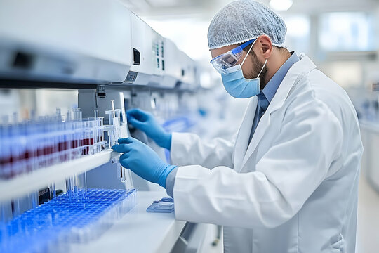Scientist meticulously examining blood samples in advanced medical laboratory
