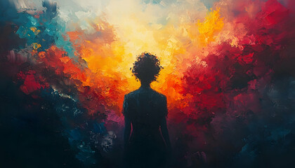 Obraz premium Abstract figure gazing into vibrant color explosion painting design
