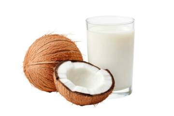 Fresh coconut with milk and cracked shell display, cut out