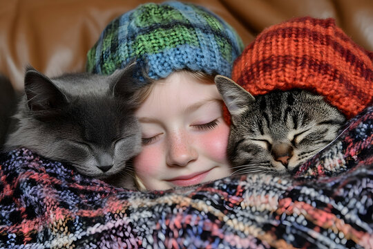 Cute little girl with freckles sleeping with two kittens in colorful hats