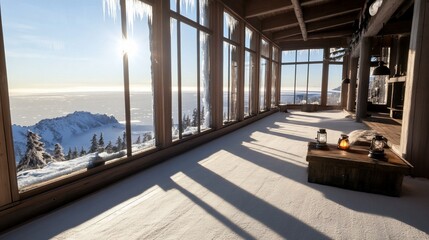 Mountain cabin sunrise view, snowy floor, winter relaxation