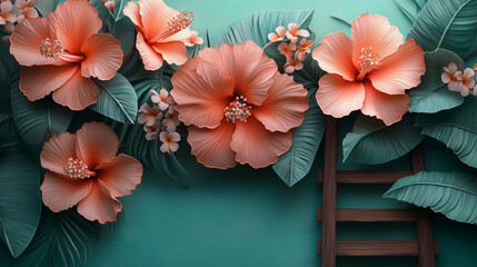Dreamy Floral Pastel Scene with 3D Paper-Cut Hibiscus & Soft Watercolor Sky