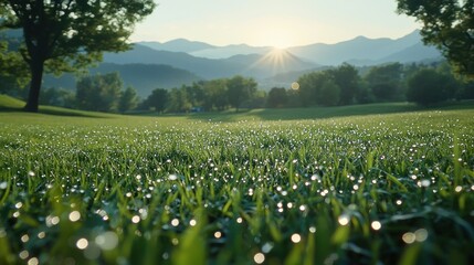Dew-covered grass in a sunlit mountain meadow.
