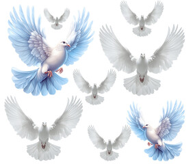 A set of white doves flying with open wings as a symbol of peace and freedom