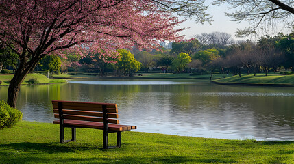 A tranquil park scene with cherry blossoms and a view of calm water