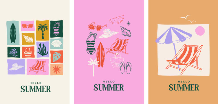Summer backgrounds, pattern, cards, banner templates. Hand drawn modern illustrations, doodles with sea shells, surf boards, beach chair, swimsuit and flip flops elements
