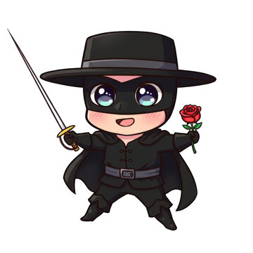 Masked Zorro Swordsman Holding Rose and Sword Cute Cartoon Clip Art