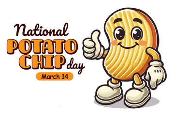 National Potato Chip day design. Fun cartoon illustration of a potato chip in retro style. Holiday concept. Template for background, banner, card, poster with text in script