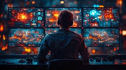 Soldier monitoring multiple screens with glowing data in a night control room. Use Stock photo