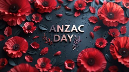 Anzac day commemoration: symbolic banner, red poppies, soldier remembrance, australian tribute, new zealand honor, military history, national unity, historical legacy, war memorial, solemn reflection.