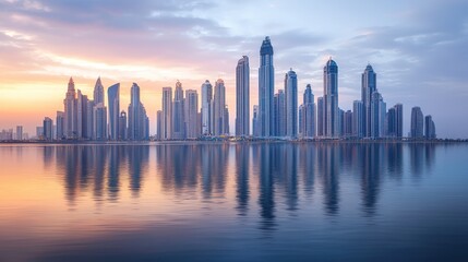 Fototapeta premium Stunning cityscape skyline reflected in calm water at sunrise.