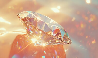 Fototapeta premium A clear diamond with precise facets emitting radiant light on a white background, refined cut, luminous effect