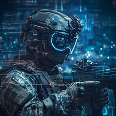 Soldier in futuristic armor with virtual interface display