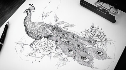 Fototapeta premium Monochrome peacock and rose drawing on paper.