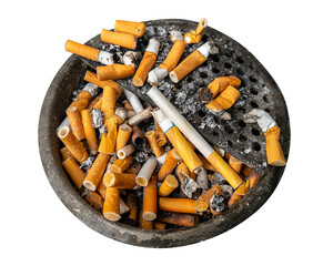 Cigarette butts in overloaded ashtray cut out. Concept of cause of disease and cancer from smoking