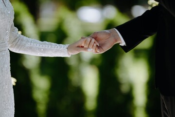 A beautiful close-up of a couple holding hands, symbolizing love and commitment, surrounded by lush...
