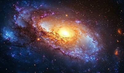 Obraz premium Abstract depiction of a swirling galaxy with glowing stars and vibrant cosmic dust illuminated by soft blue and purple light .