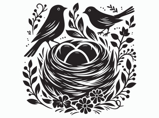 Obraz premium Modern Black Silhouette of Birds with Nest and Eggs for Stylish and Elegant Designs