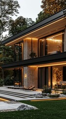 Modern house exterior with pool, forest view, evening ambiance