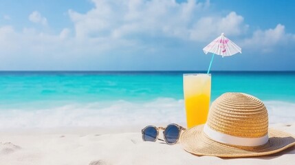 Tropical beach drink, hat, sunglasses; summer vacation