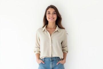 Obraz premium Half-Length (Waist-Up) portrait of young stylish smiling Canadian female model in preppy wear isolated on pure white background looking at camera