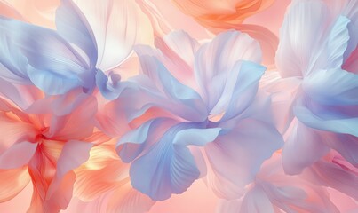 Abstract pastel-colored flowers blooming against a soft pink background, delicate petals blending into a dreamy composition