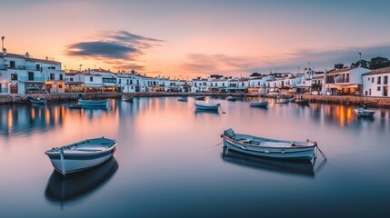 Fototapeta premium Calm sunset over harbor with boats.