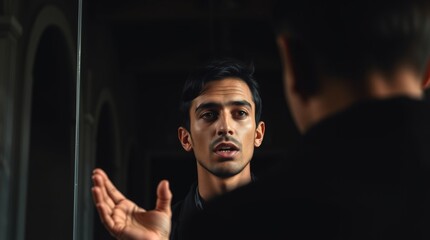 Generative AI. A person , practicing public speaking before a mirror