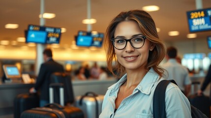 Generative AI. A warm, soft, professional fine art photograph of a person with charming features checking in at an airport counter, surrounded by suitcases and screens